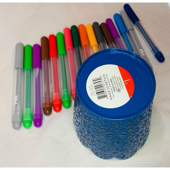 Metal Pen Holder Blue Floral Ikea Mala Felt Tip Markers Desk Organizer Round - Picture 5 of 7
